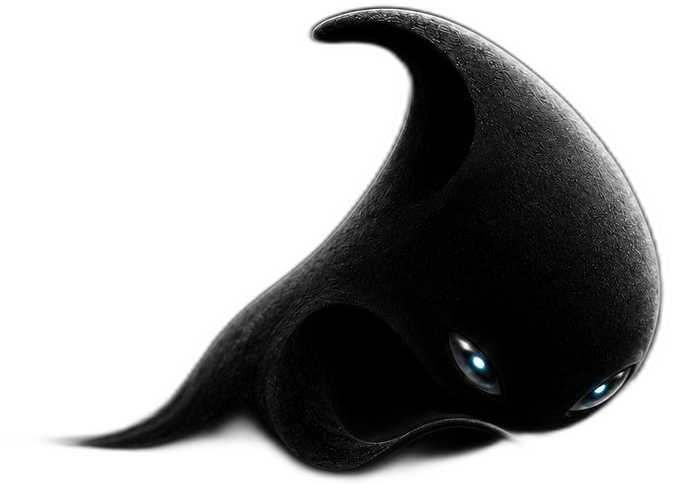 Cybeau, la mascotte : une créature-goutte sombre aux yeux lumineux qui sonde une dalle du réseau.